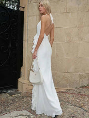 Elegant Halter Neck Open Back Ruffled Slim Side Slit Floor-Length Dress