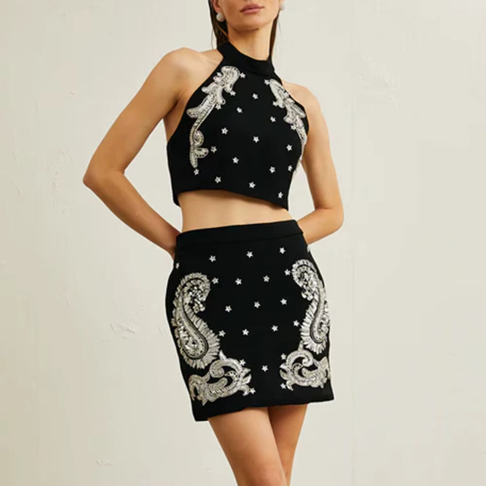 Elegant Halter Neck Patchwork Bead Top High Waist Slimming Skirt Two Piece Sets