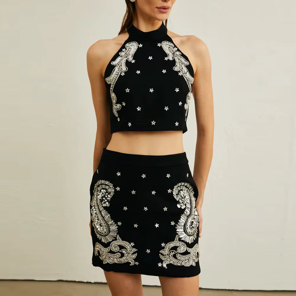 Elegant Halter Neck Patchwork Bead Top High Waist Slimming Skirt Two Piece Sets