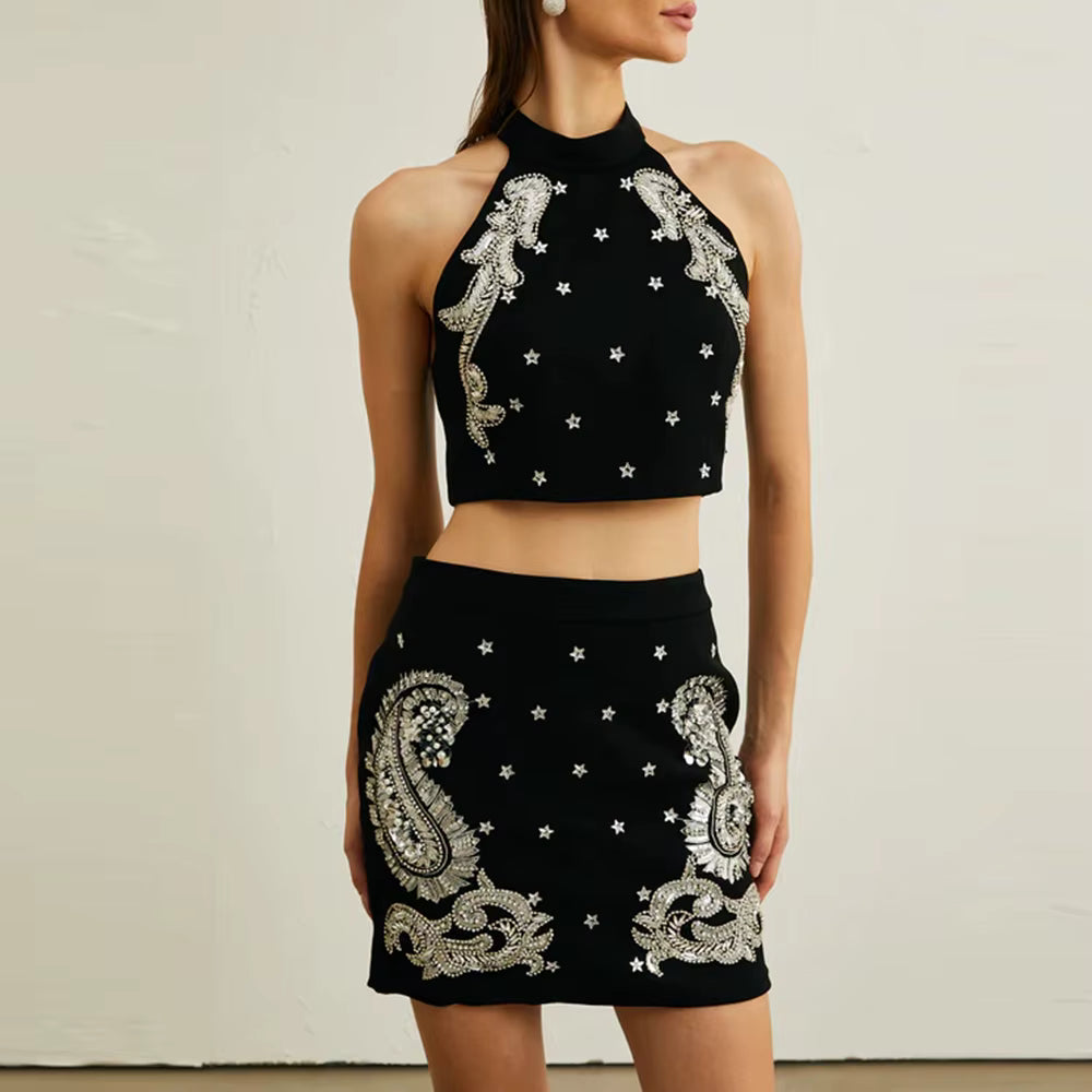 Elegant Halter Neck Patchwork Bead Top High Waist Slimming Skirt Two Piece Sets