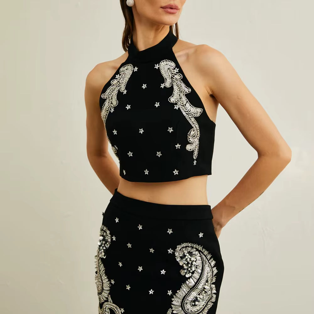 Elegant Halter Neck Patchwork Bead Top High Waist Slimming Skirt Two Piece Sets