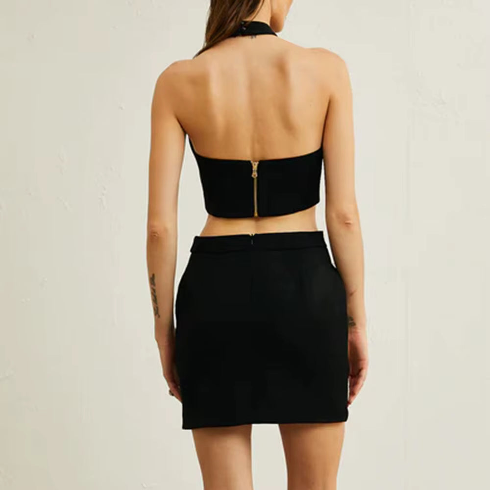 Elegant Halter Neck Patchwork Bead Top High Waist Slimming Skirt Two Piece Sets