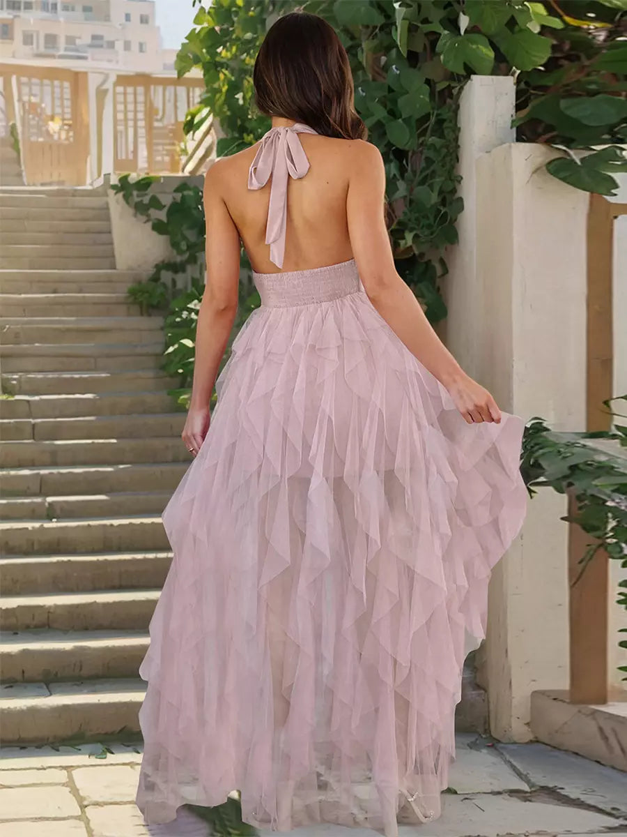 Elegant Halter Neck Ruffled With High Slit And Deep V-neck Maxi Dress