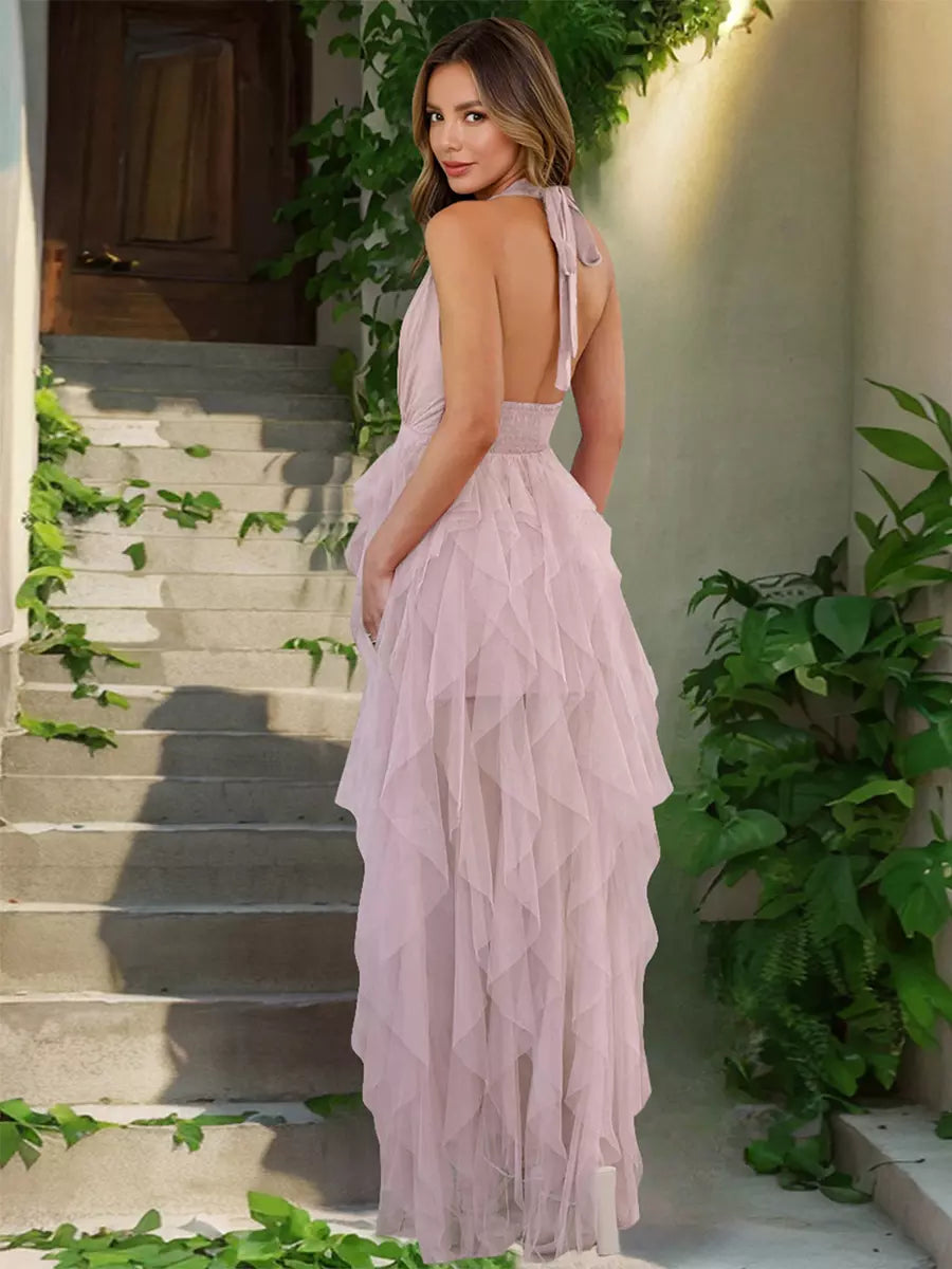 Elegant Halter Neck Ruffled With High Slit And Deep V-neck Maxi Dress