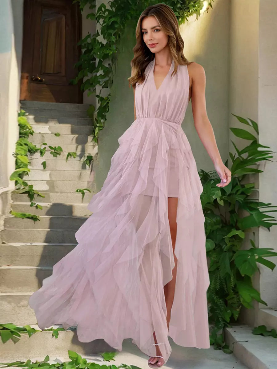Elegant Halter Neck Ruffled With High Slit And Deep V-neck Maxi Dress