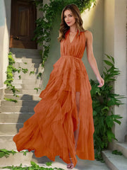 Elegant Halter Neck Ruffled With High Slit And Deep V-neck Maxi Dress
