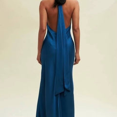Elegant Halter Neck Satin Mermaid Sleeveless Floor-Length Maxi Dress