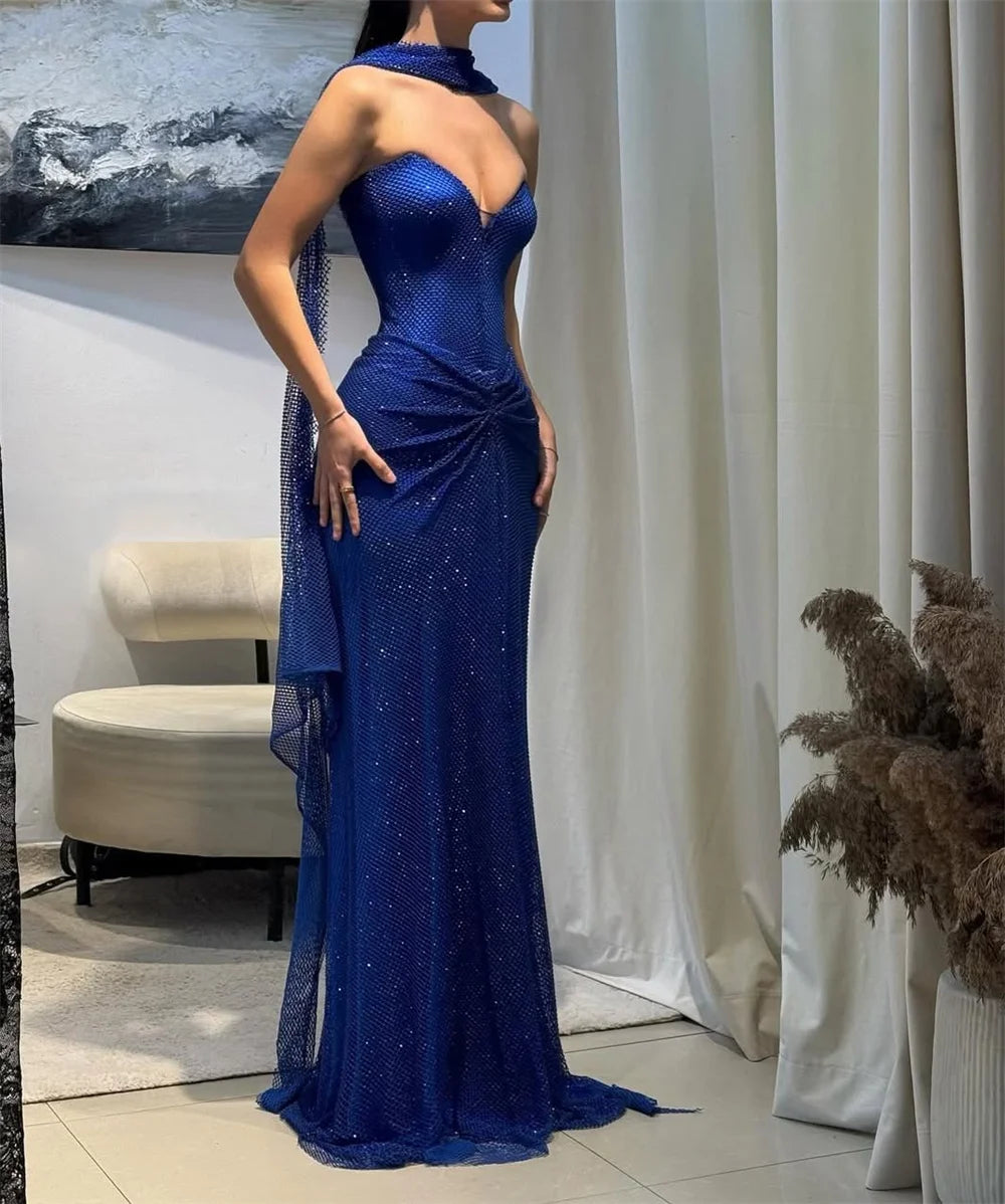 Elegant Halter Neck Sheath Strapless Sleeveless Glitter Formal Evening Prom Maxi Dresses