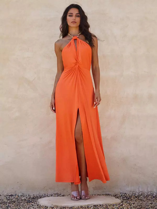 Elegant Halter Neck With High Slit And Waist Knot Long Dress