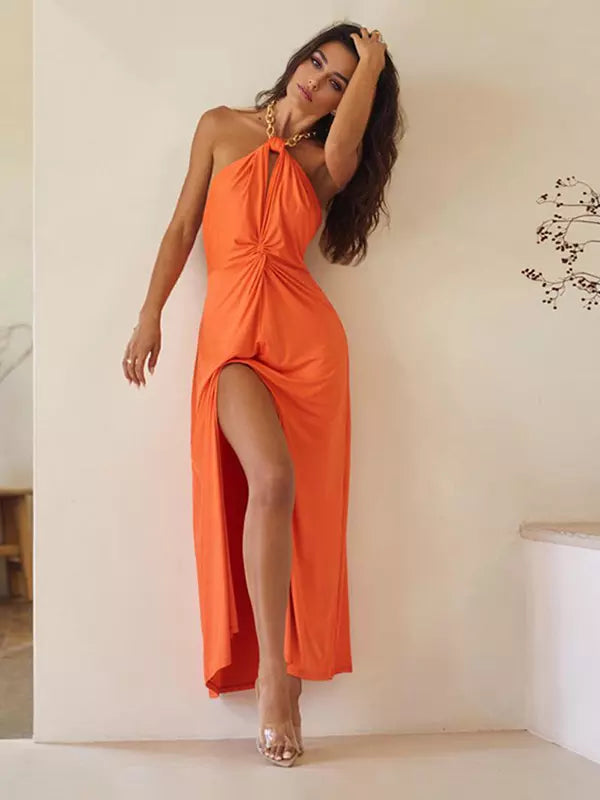 Elegant Halter Neck With High Slit And Waist Knot Long Dress