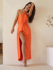 Elegant Halter Neck With High Slit And Waist Knot Long Dress