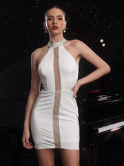 Elegant Halter Neckline With Rhinestone Decoration For Club Mini Bodycon Dress