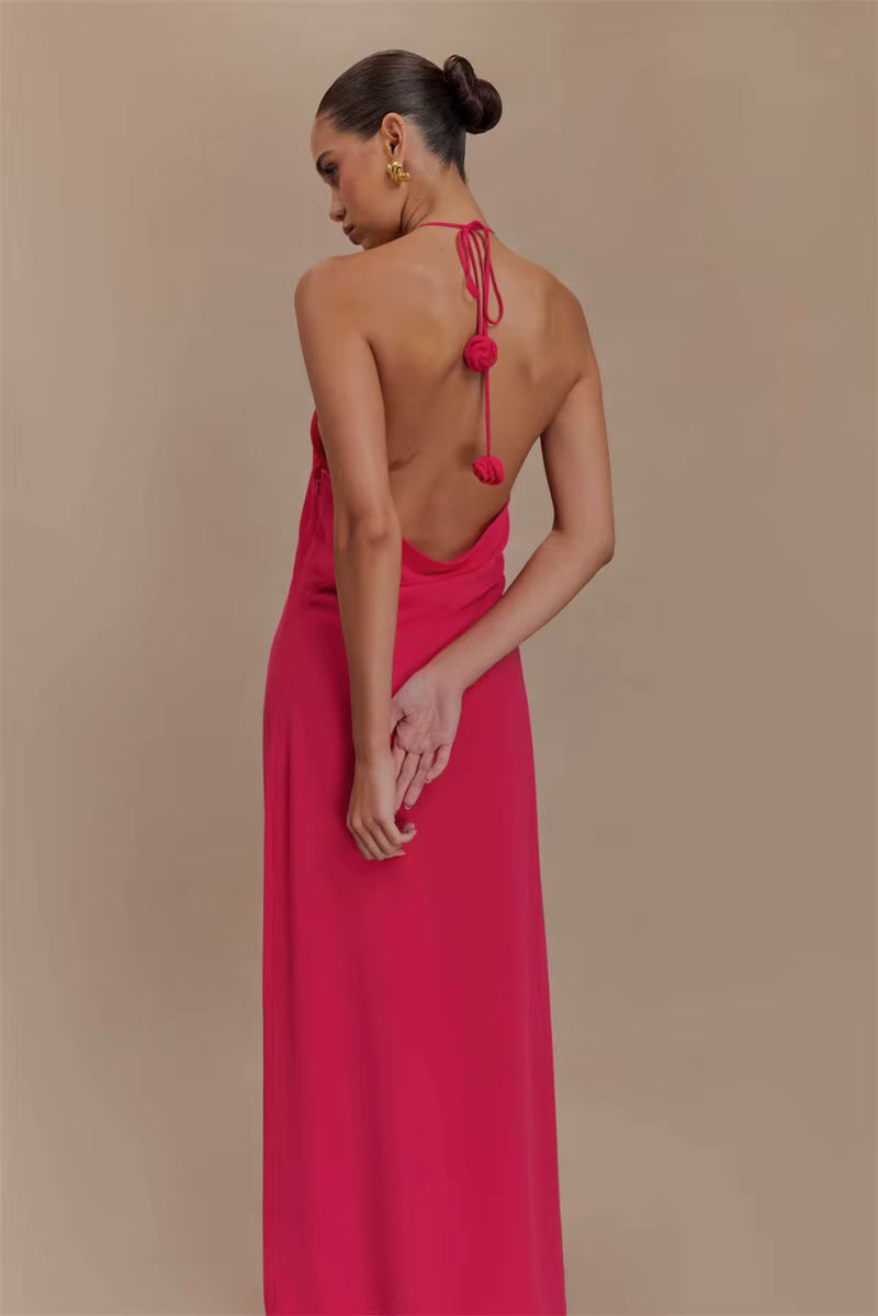 Elegant Halter Off-shoulder Sleeveless Backless Lace-up Maxi Dress