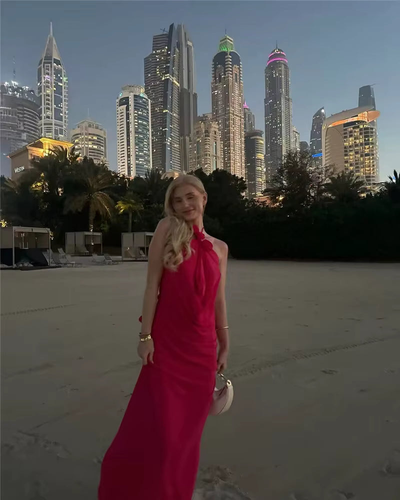 Elegant Halter Off-shoulder Sleeveless Backless Lace-up Maxi Dress