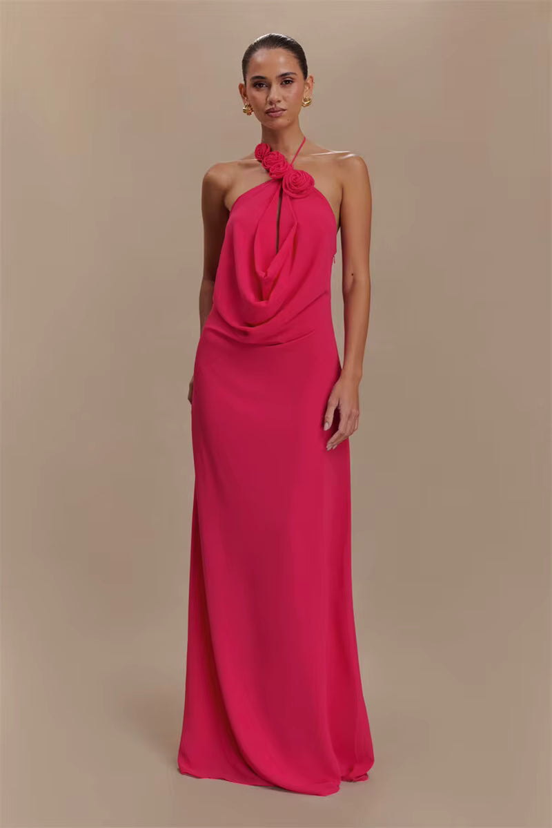 Elegant Halter Off-shoulder Sleeveless Backless Lace-up Maxi Dress