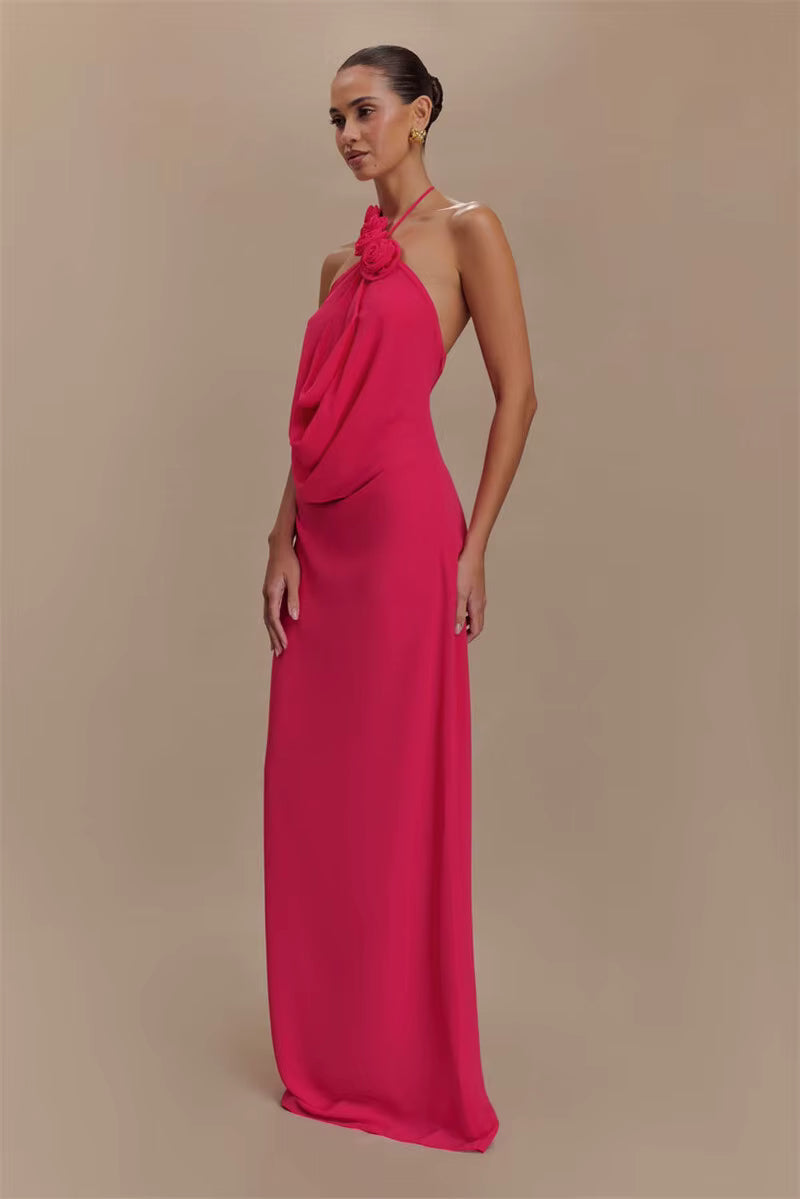 Elegant Halter Off-shoulder Sleeveless Backless Lace-up Maxi Dress