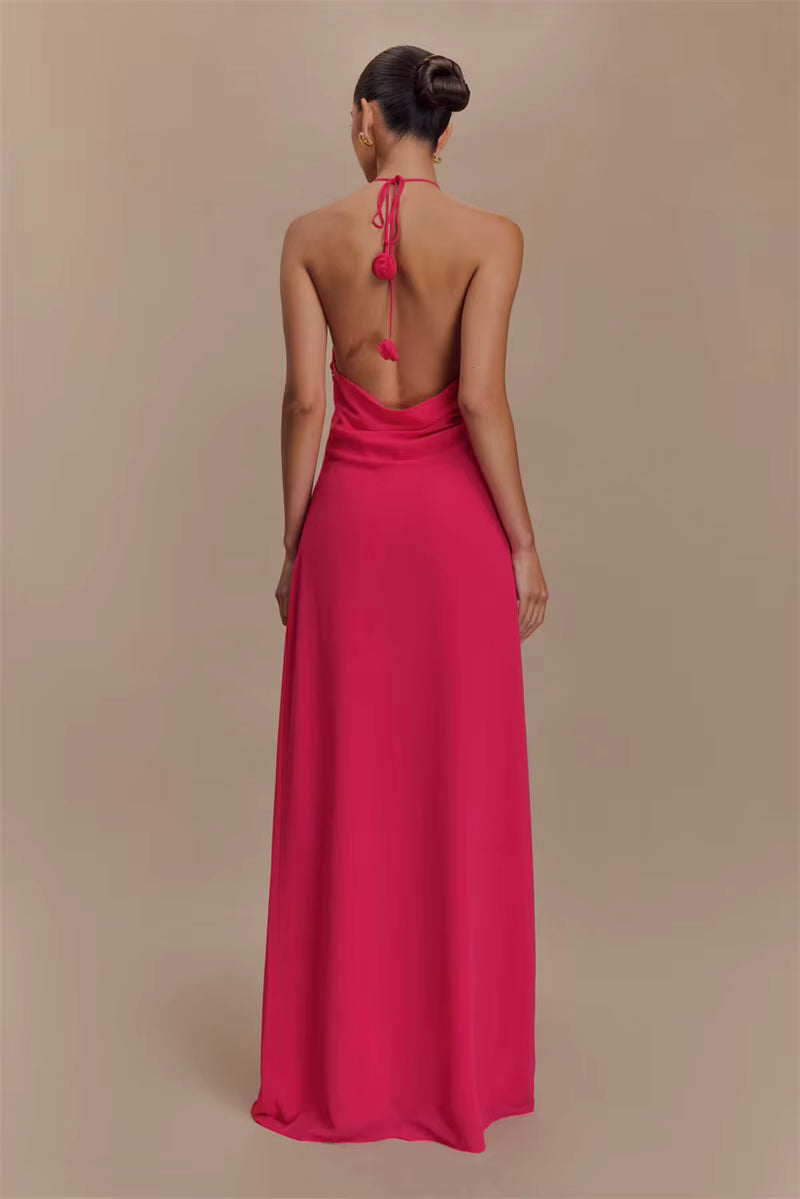 Elegant Halter Off-shoulder Sleeveless Backless Lace-up Maxi Dress
