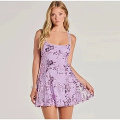 Elegant Halter Sequin Lace Up Sleeveless Slim Solid Color Spaghetti Strap Backless Mini Dress