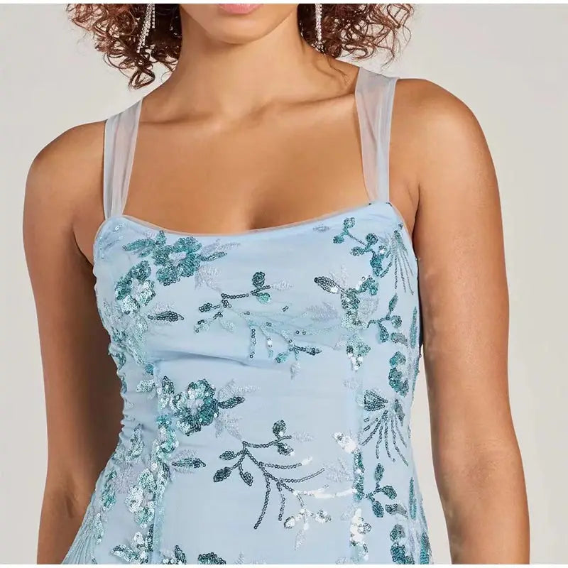 Elegant Halter Sequin Lace Up Sleeveless Slim Solid Color Spaghetti Strap Backless Mini Dress