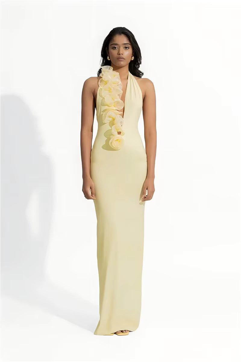 Elegant Halter Sleeveless Backless Bodycon Deep V Neck Maxi Dress