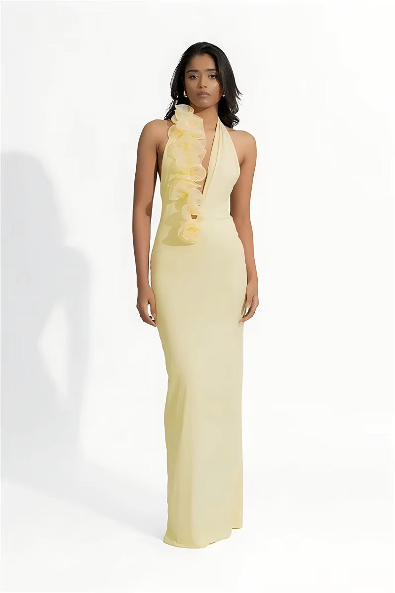 Elegant Halter Sleeveless Backless Bodycon Deep V Neck Maxi Dress