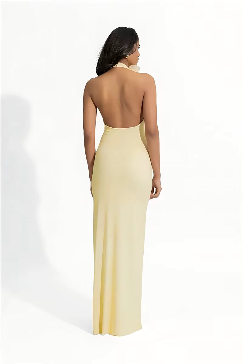 Elegant Halter Sleeveless Backless Bodycon Deep V Neck Maxi Dress