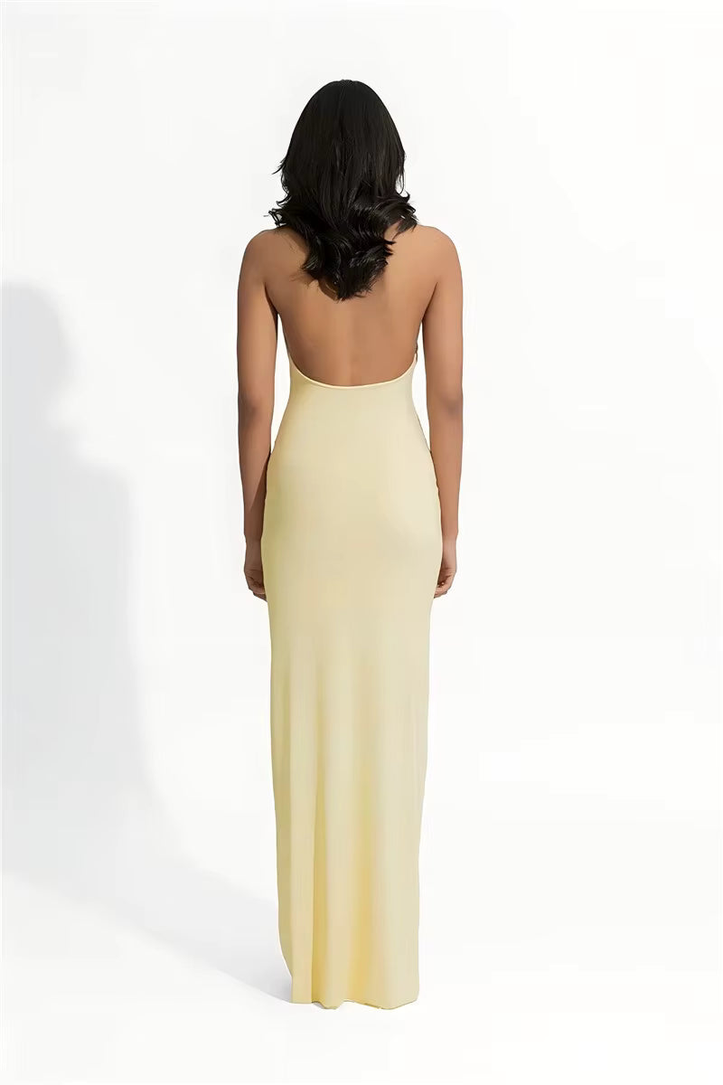 Elegant Halter Sleeveless Backless Bodycon Deep V Neck Maxi Dress