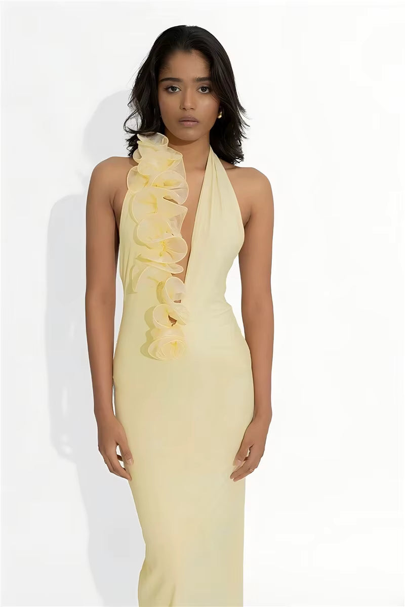 Elegant Halter Sleeveless Backless Bodycon Deep V Neck Maxi Dress