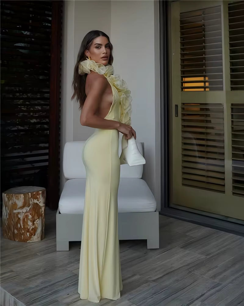 Elegant Halter Sleeveless Backless Bodycon Deep V Neck Maxi Dress
