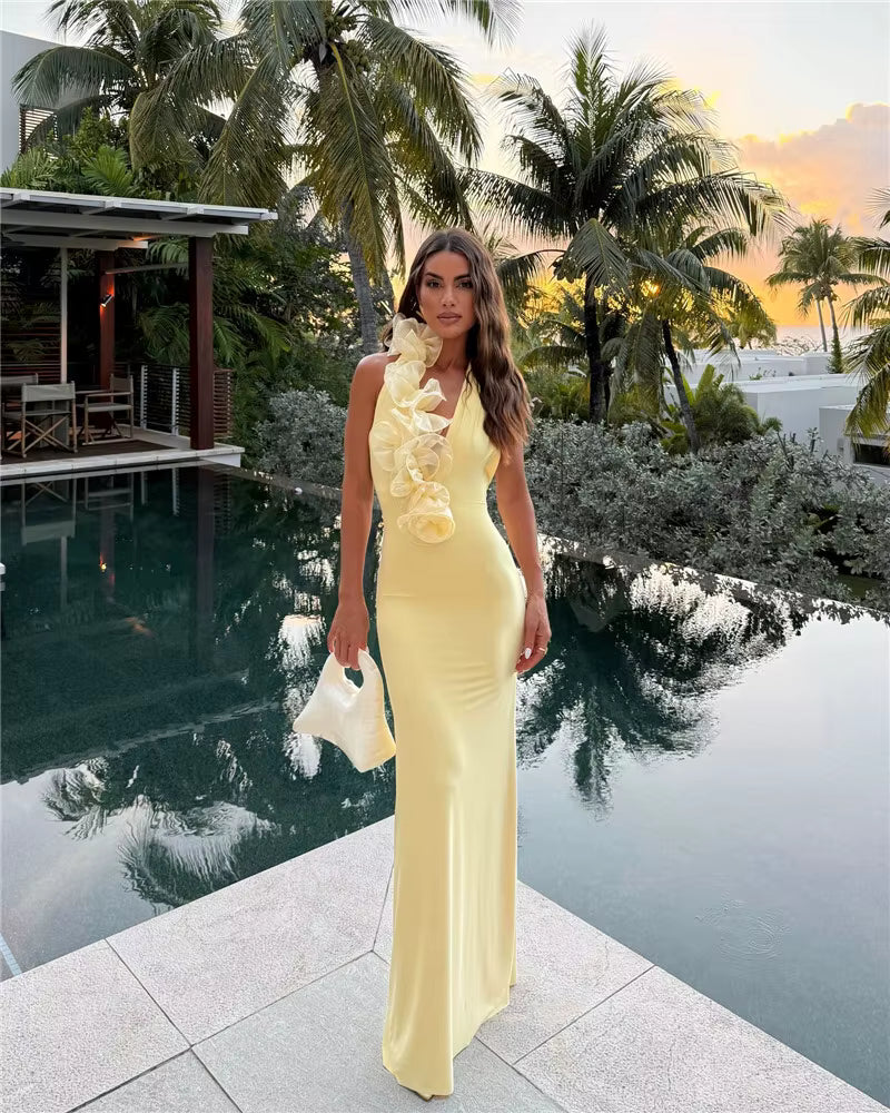 Elegant Halter Sleeveless Backless Bodycon Deep V Neck Maxi Dress