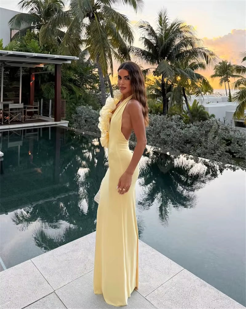 Elegant Halter Sleeveless Backless Bodycon Deep V Neck Maxi Dress