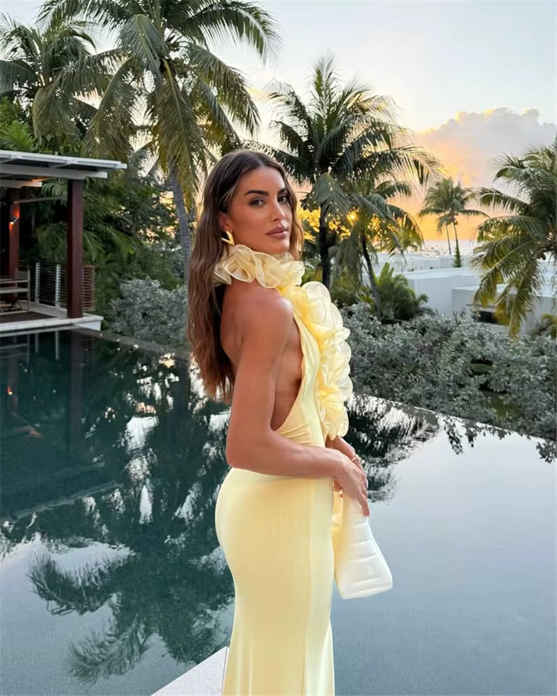 Elegant Halter Sleeveless Backless Bodycon Deep V Neck Maxi Dress