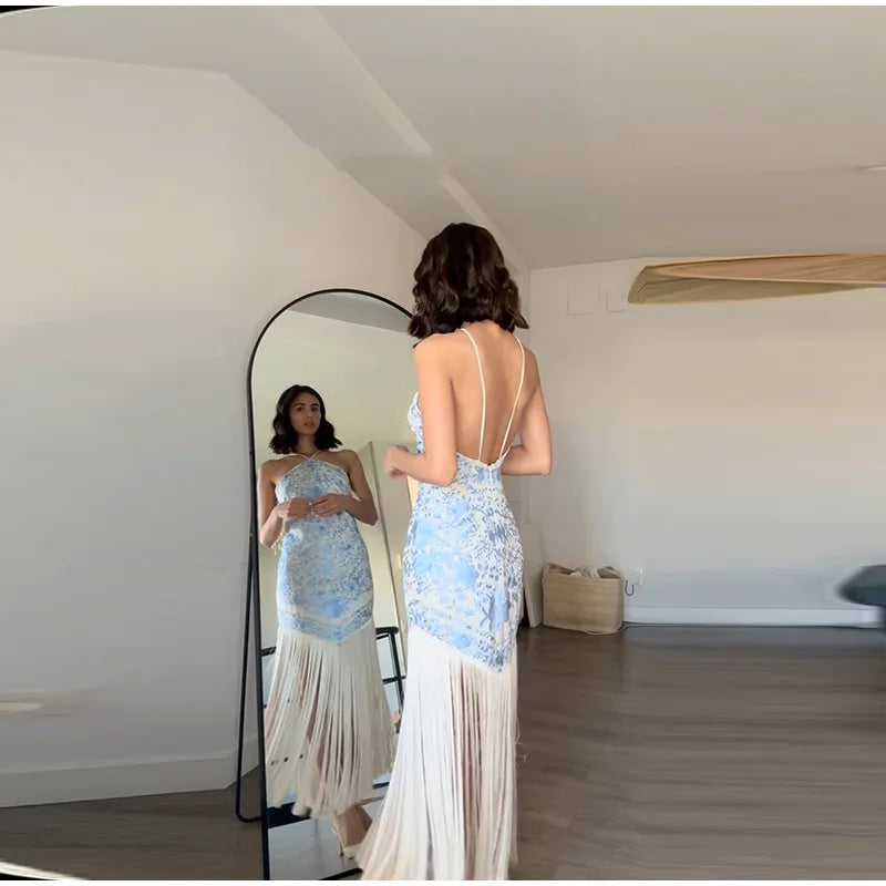 Elegant Halter Sleeveless Draped Backless Satin Slip Tassel Print Long Maxi Dress