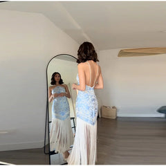 Elegant Halter Sleeveless Draped Backless Satin Slip Tassel Print Long Maxi Dress