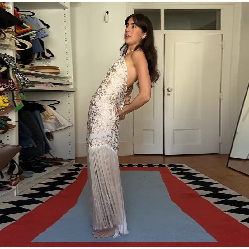 Elegant Halter Sleeveless Draped Backless Satin Slip Tassel Print Long Maxi Dress
