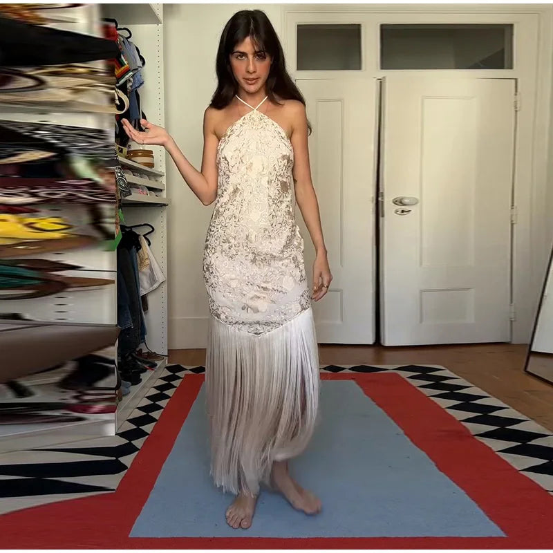 Elegant Halter Sleeveless Draped Backless Satin Slip Tassel Print Long Maxi Dress