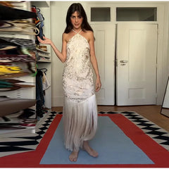 Elegant Halter Sleeveless Draped Backless Satin Slip Tassel Print Long Maxi Dress
