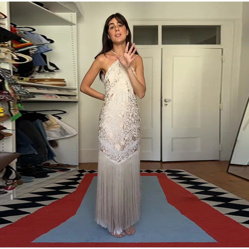 Elegant Halter Sleeveless Draped Backless Satin Slip Tassel Print Long Maxi Dress