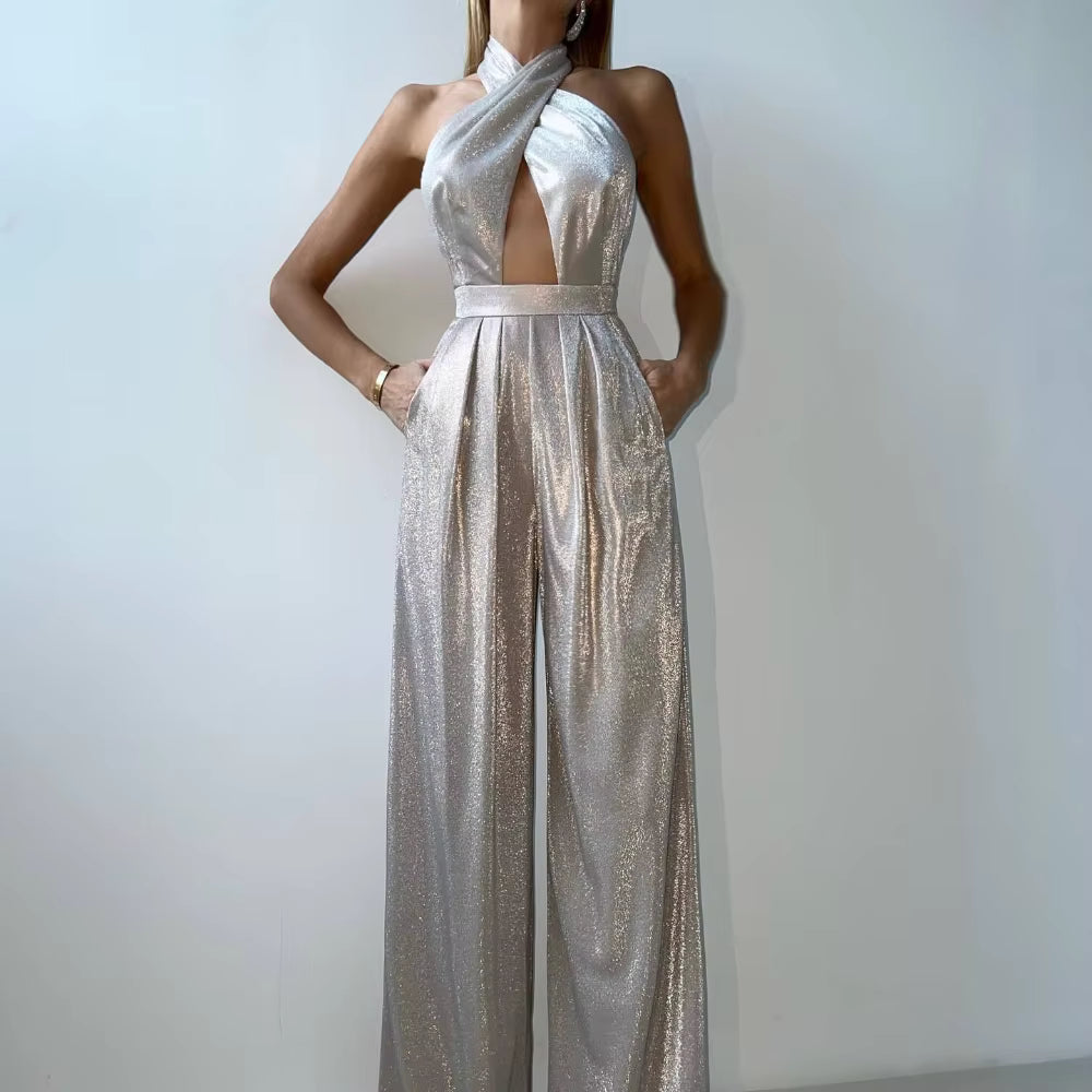 Elegant Halter Sleeveless Hollow Out Spliced Pocket Glossy Backless Jumpsuit