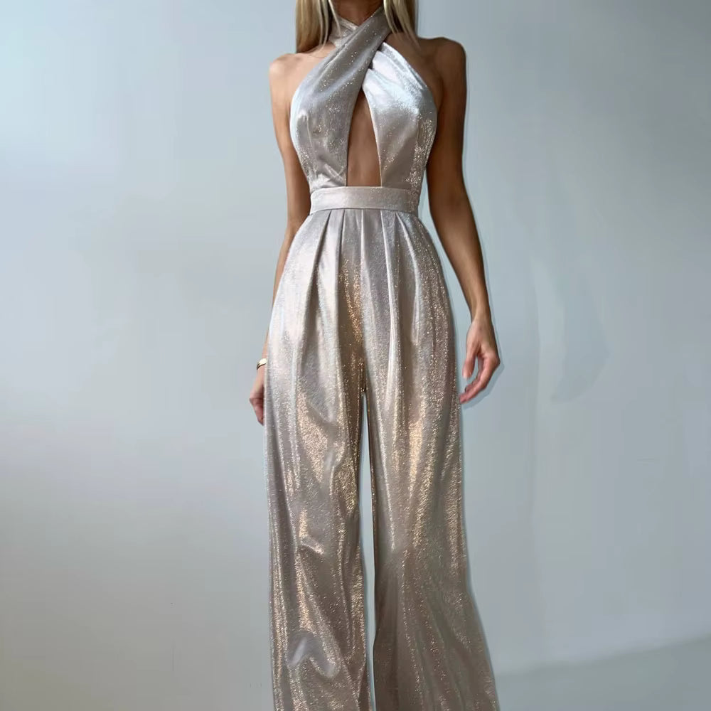 Elegant Halter Sleeveless Hollow Out Spliced Pocket Glossy Backless Jumpsuit