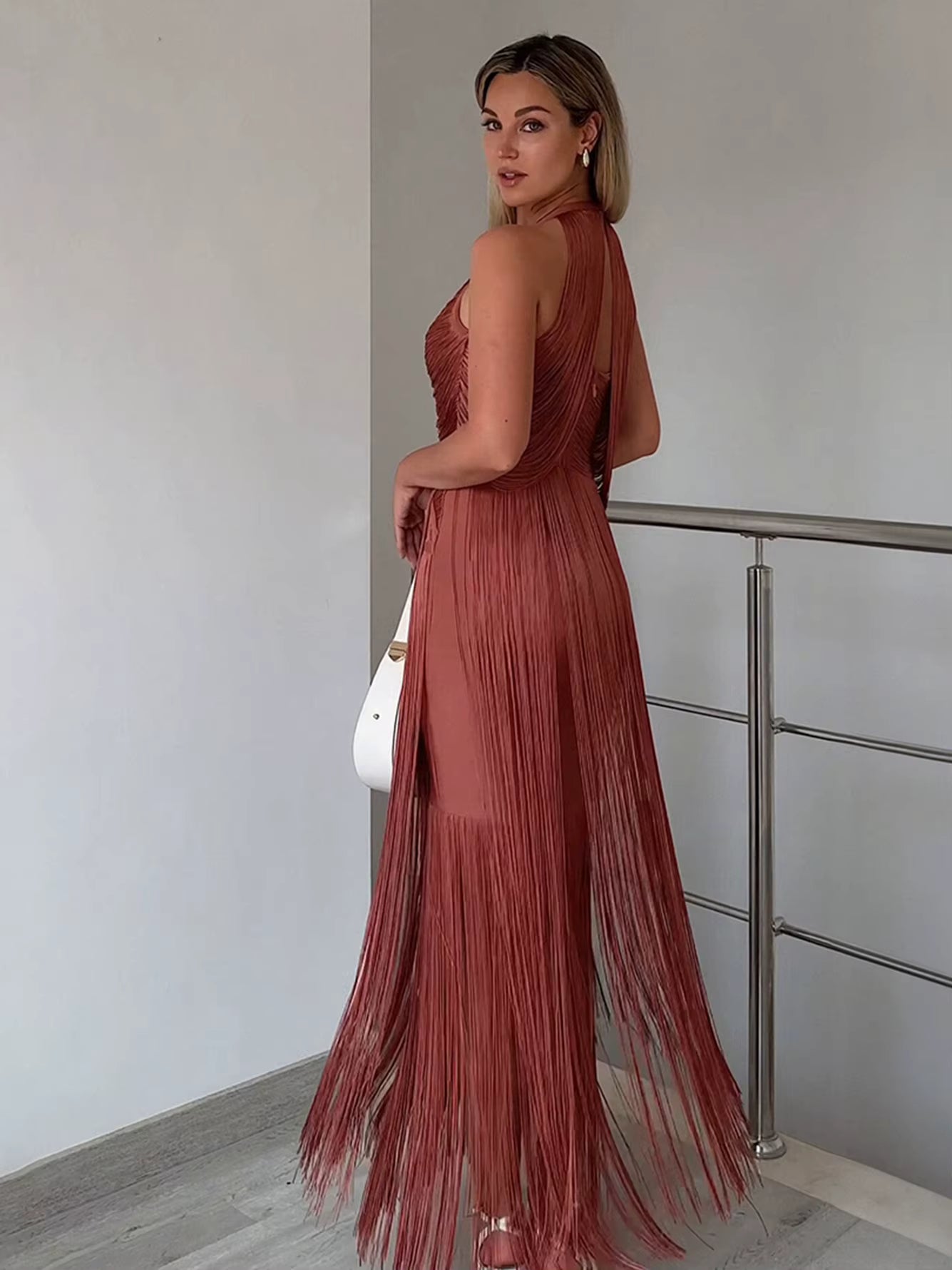 Elegant Halter Sleeveless Tassel Bandage Maxi Dress