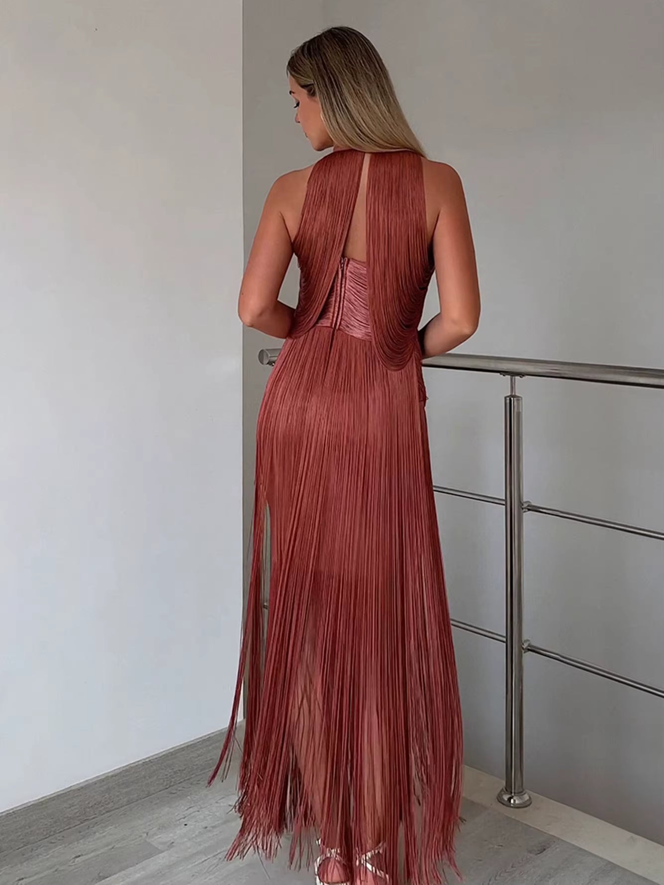 Elegant Halter Sleeveless Tassel Bandage Maxi Dress