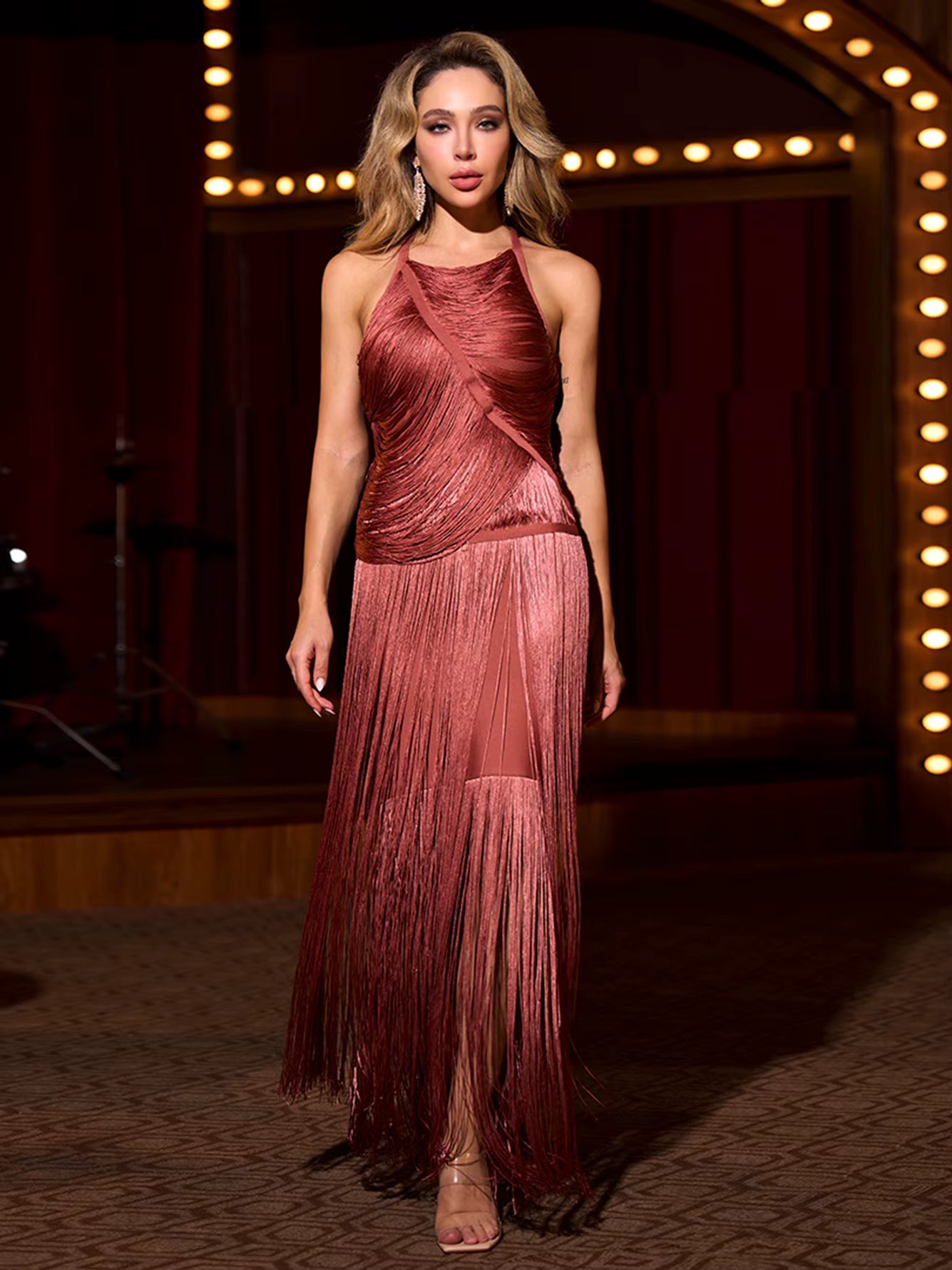 Elegant Halter Sleeveless Tassel Bandage Maxi Dress
