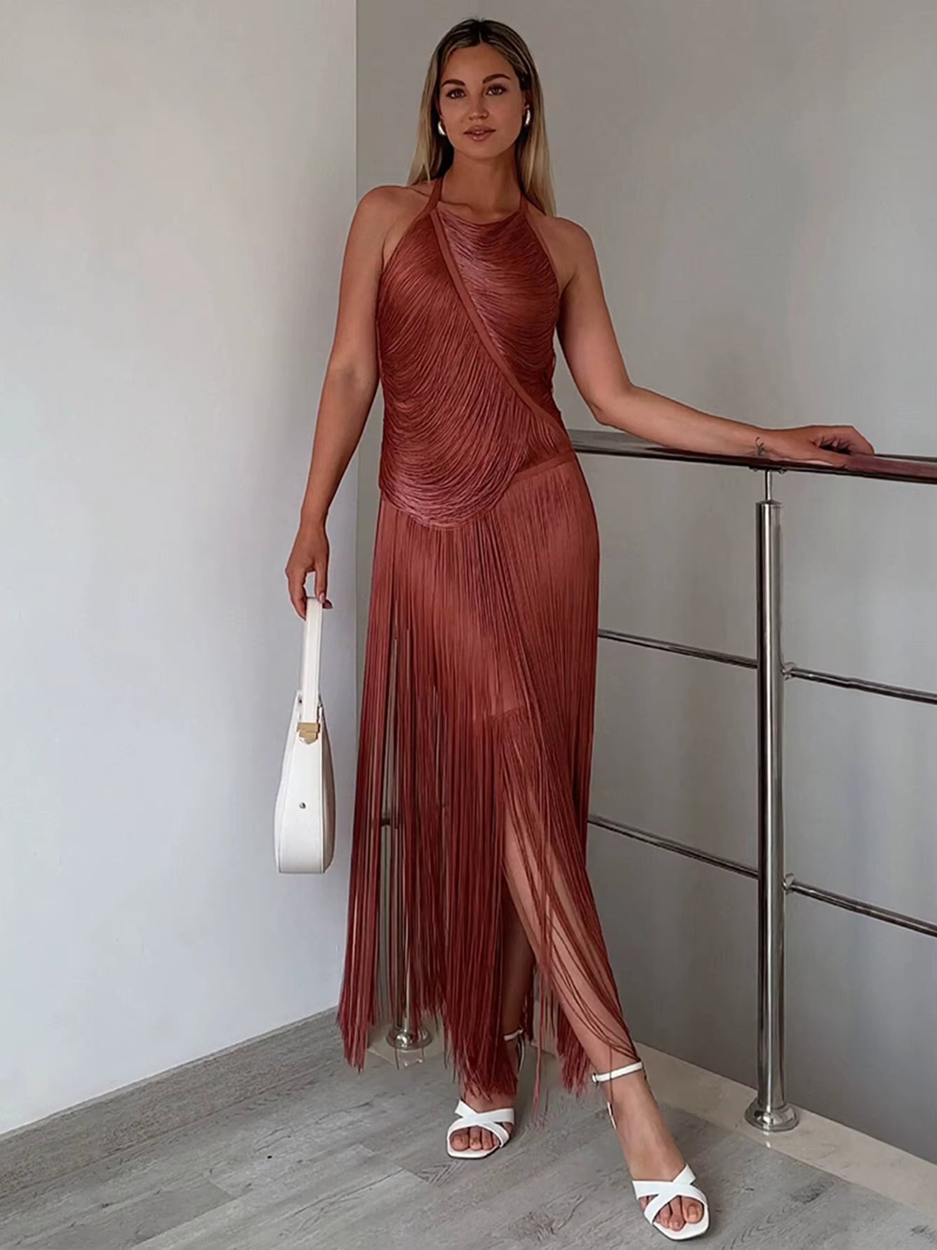 Elegant Halter Sleeveless Tassel Bandage Maxi Dress
