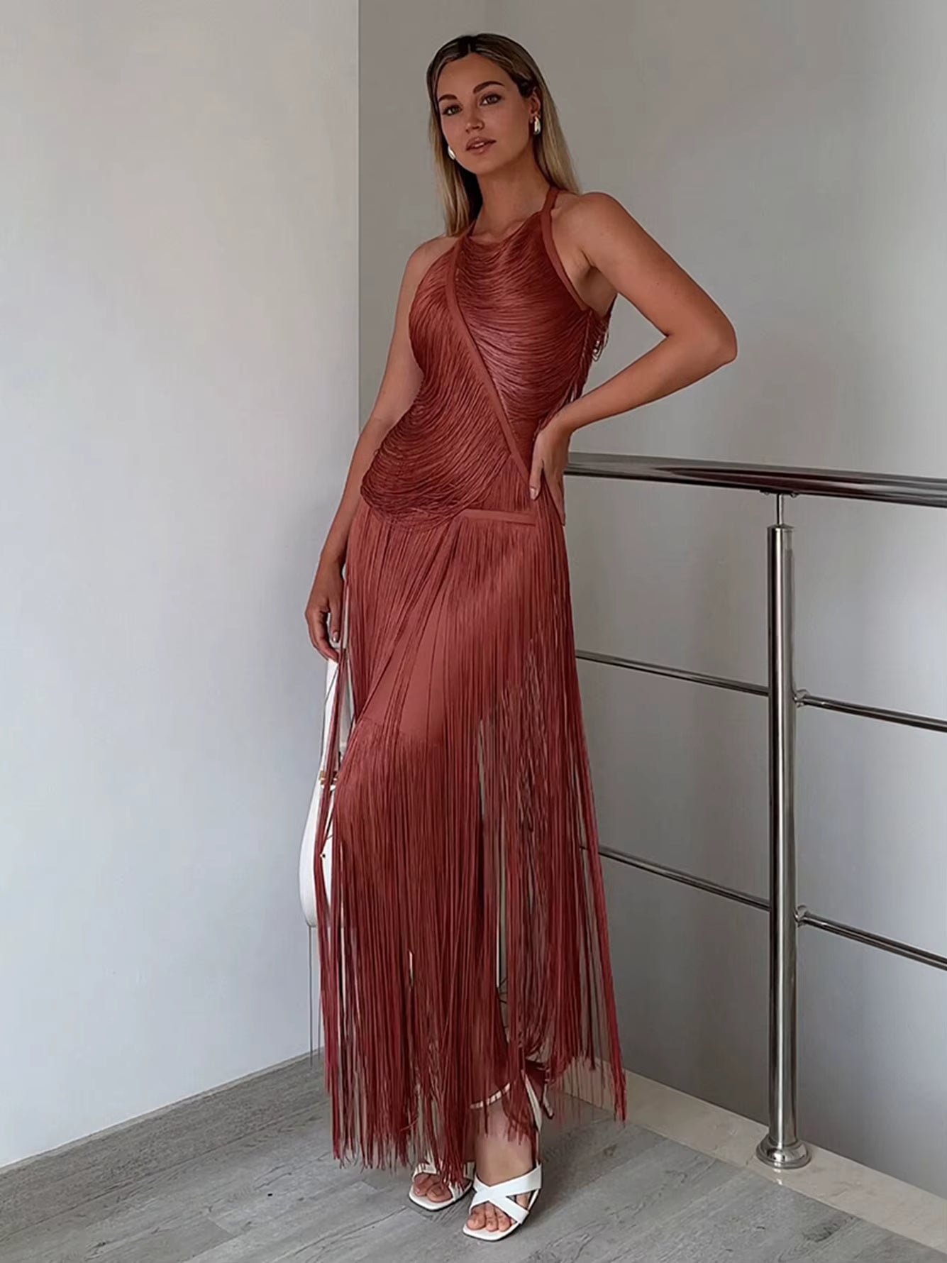Elegant Halter Sleeveless Tassel Bandage Maxi Dress