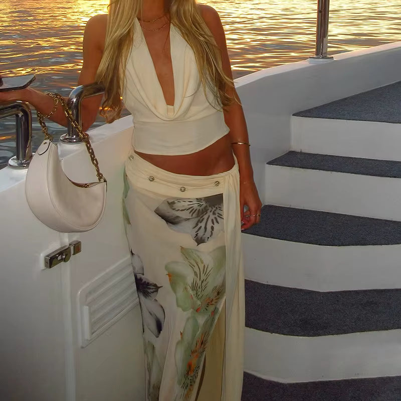Elegant Halter Top And Floral Mesh Split Long Skirt Suit Two Piece Set