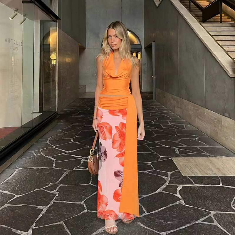 Elegant Halter Top And Floral Mesh Split Long Skirt Suit Two Piece Set