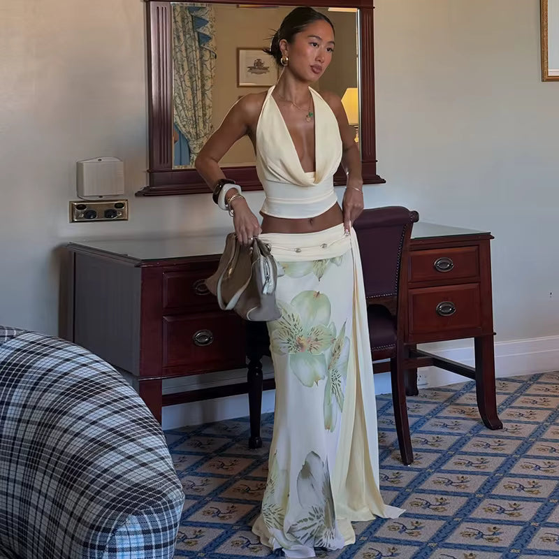 Elegant Halter Top And Floral Mesh Split Long Skirt Suit Two Piece Set