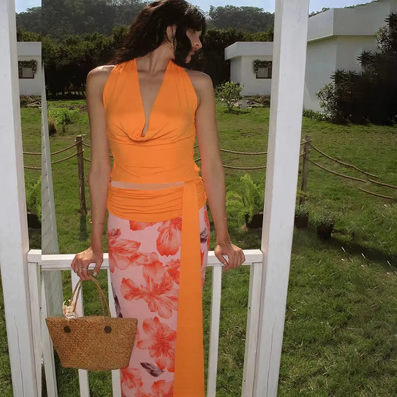 Elegant Halter Top And Floral Mesh Split Long Skirt Suit Two Piece Set