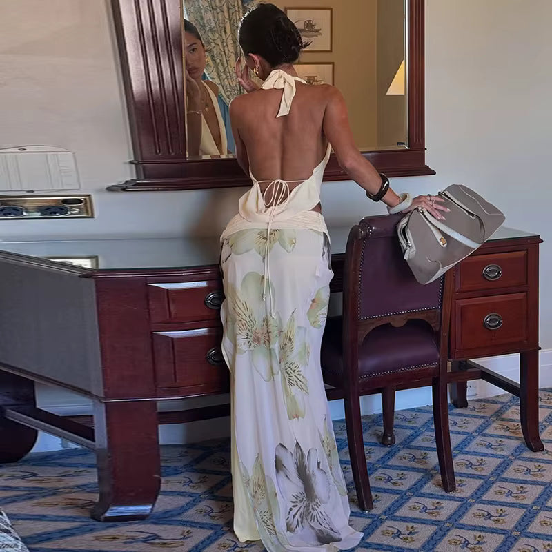Elegant Halter Top And Floral Mesh Split Long Skirt Suit Two Piece Set